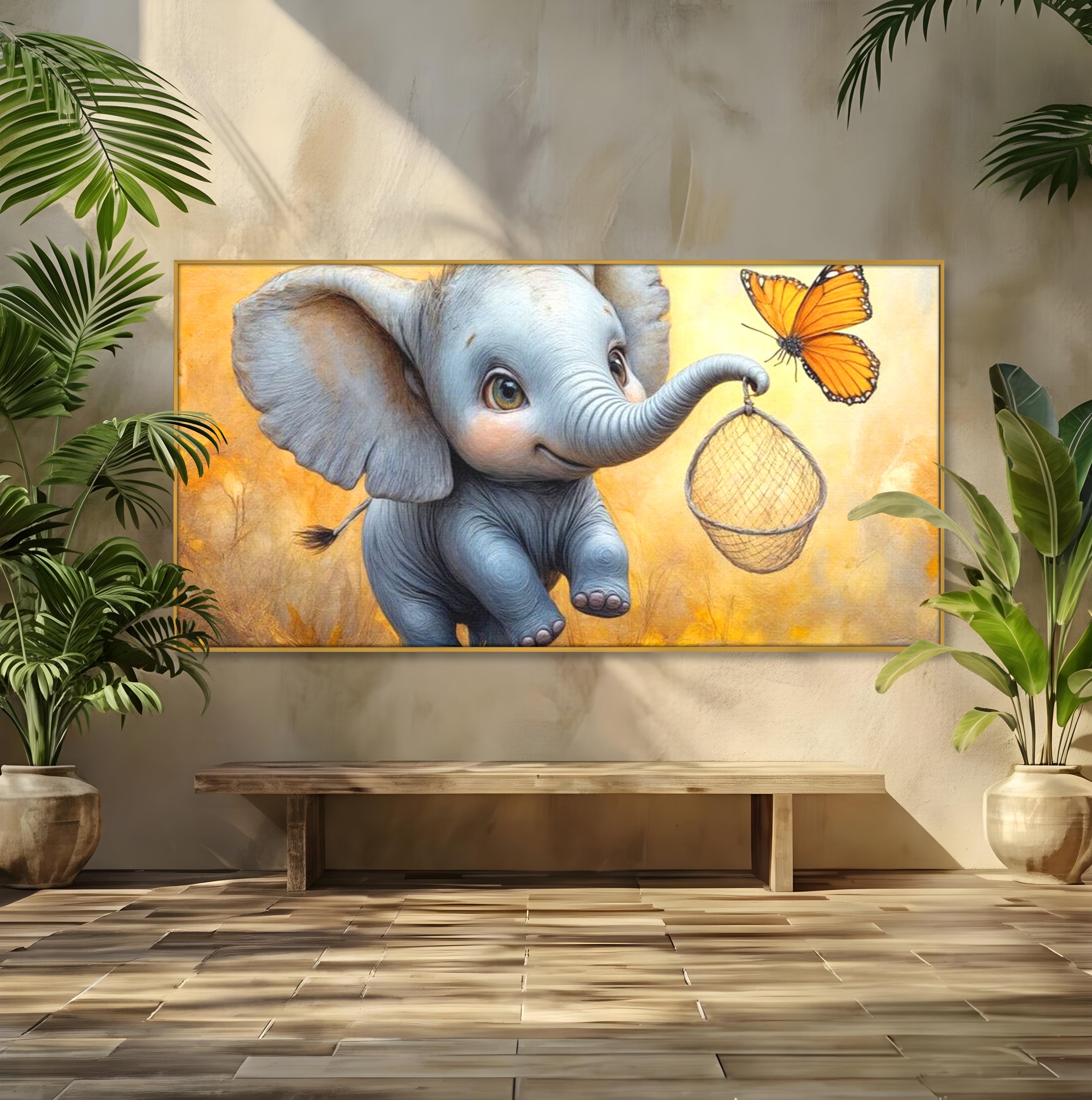 Tablou canvas cu ilustratie cu elefantel si fluture, in rama de aluminiu auriu